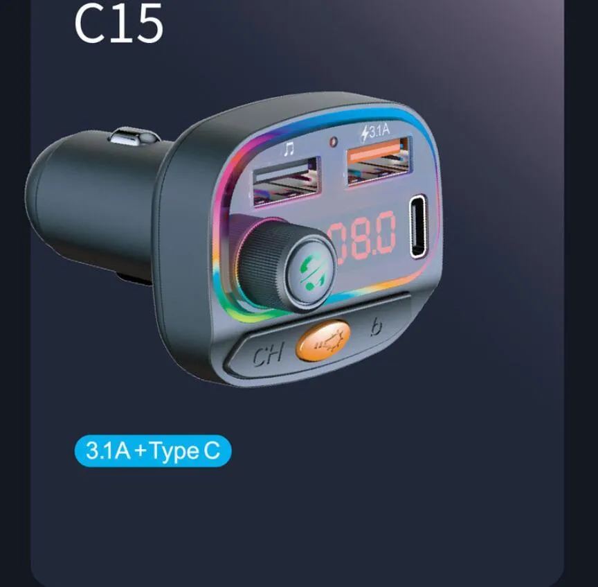 C13 C14 C15 C12 FM Transmitter Wireless Bluetooth 5.0 Handsfree Car MP3 Kit FM Modulator Dual USB type-c PD Charger RGB light