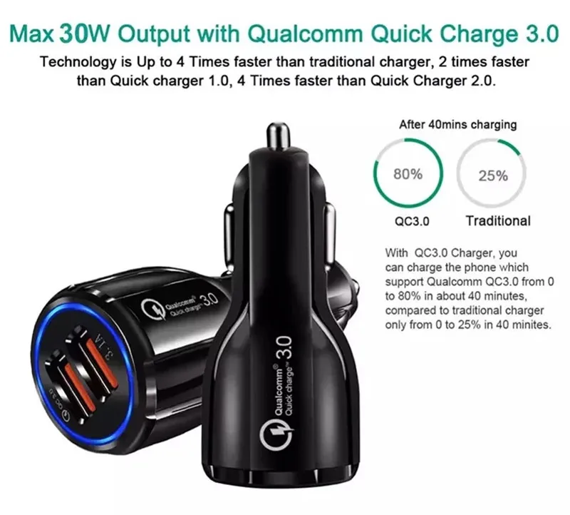 QC3.0 Portable Car Charger Led Quick Charging 12V 3.1A Dual USB Port