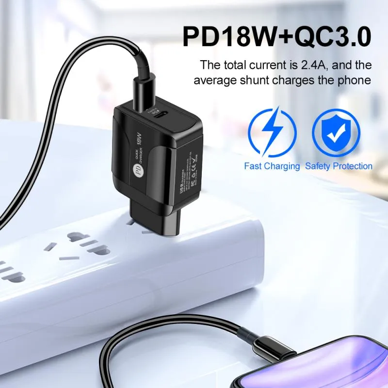 USB PD 18W quick charge 3A QC 3.0 Mobile Phone Chargers USB type C outputs 2 in 1 power supply adapter suit for EU US UK socket