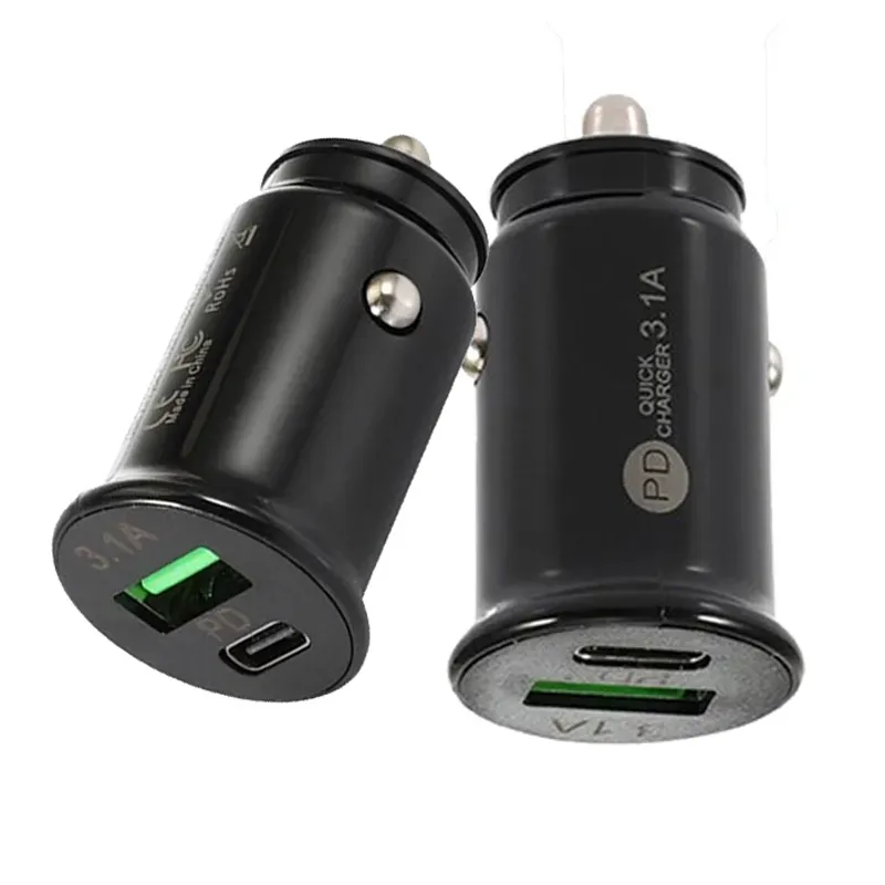 3.1A High Speed Dual Ports PD Car Charger USB-C Type c Car Chargers AutoPower Adapters Chargers For Ipad Iphone 15 14 12 Samsung S22 S20 phone with Retail Box