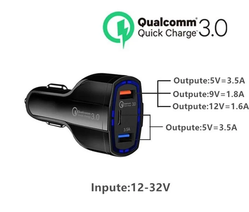 3 in 1 Type c Dual Usb Ports QC3.0 7A Quick Charging Car charger Adapter For iphone 7 8 11 X Xr Samsung htc android phone Adapter For Samsung LG cell phones