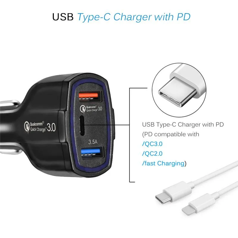 3 in 1 Type c Dual Usb Ports QC3.0 7A Quick Charging Car charger Adapter For iphone 7 8 11 X Xr Samsung htc android phone Adapter For Samsung LG cell phones