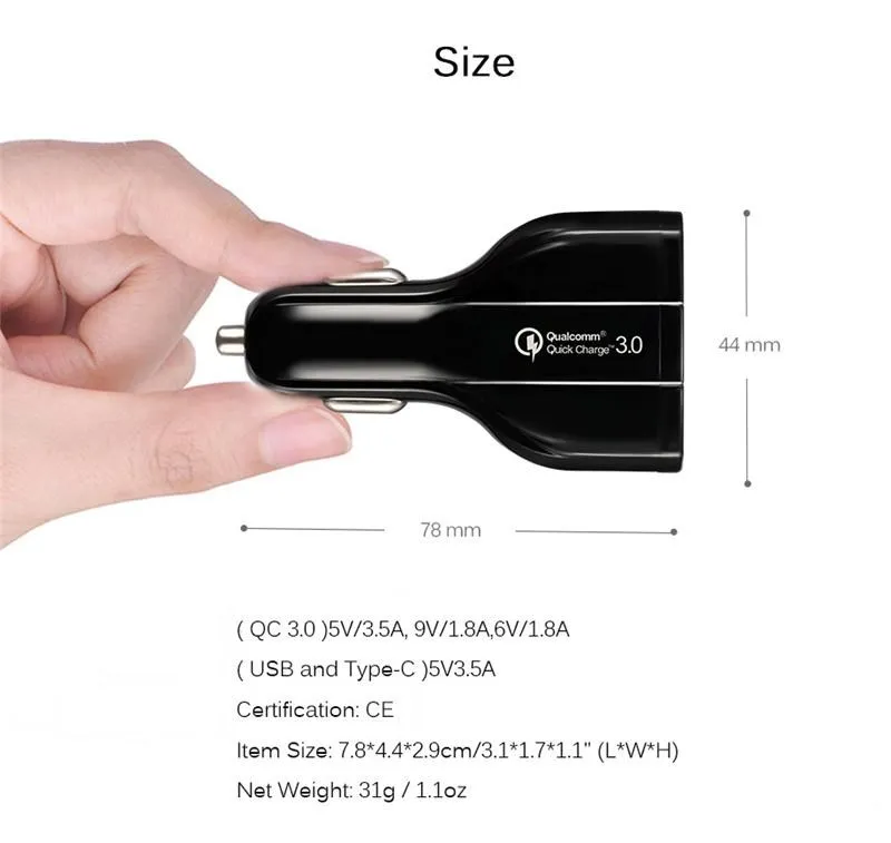 QC 3.0 Car Charger Type C 35W 7A Fast Charger Dual USB Charger Quick Charging Plug 3 Ports Adapter with Retail Package