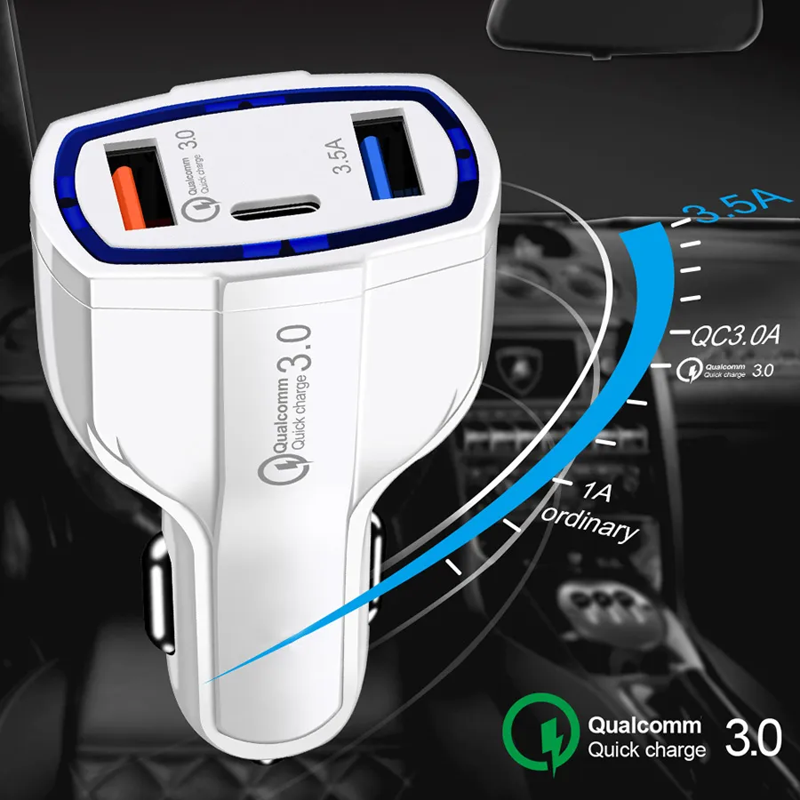 PD 3 in 1Type C Dual Usb Ports QC 3.0A Quick Charging Car charger Adapter For Iphone 7 8 11 X Xr Samsung Android Phone Without Package