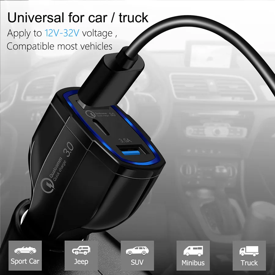 PD 3 in 1Type C Dual Usb Ports QC 3.0A Quick Charging Car charger Adapter For Iphone 7 8 11 X Xr Samsung Android Phone Without Package