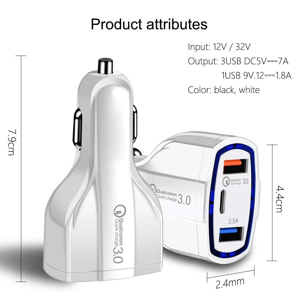 PD 3 in 1Type C Dual Usb Ports QC 3.0A Quick Charging Car charger Adapter For Iphone 7 8 11 X Xr Samsung Android Phone Without Package