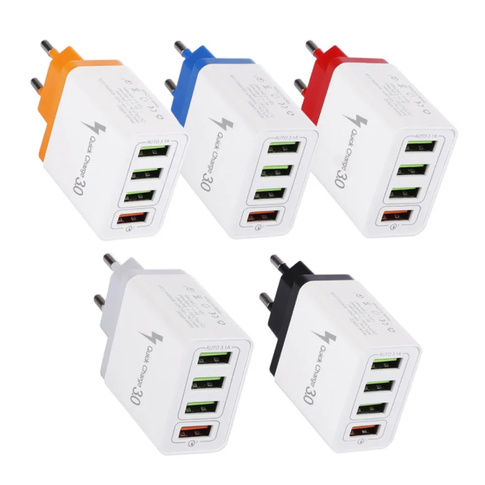 USB Charger 4 Ports Adapter EU/US/UK Plug Wall Fast Charging Home Wall Charger Travel Adapter