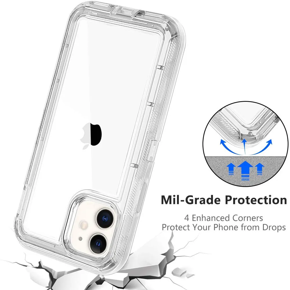 Armor Shockproof Bumper Case For iPhone 12 11 Pro Max XR XS X 6 7 8 Plus Transparent Heavy Duty Protection Hard PC TPU Phone Case