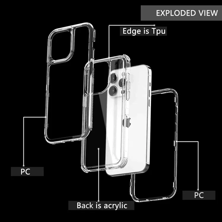 360 transparent Acrylic+PC+TPU 3 in 1 for iphone 16 case mobile covers for iphone 14 15 16 pro max case