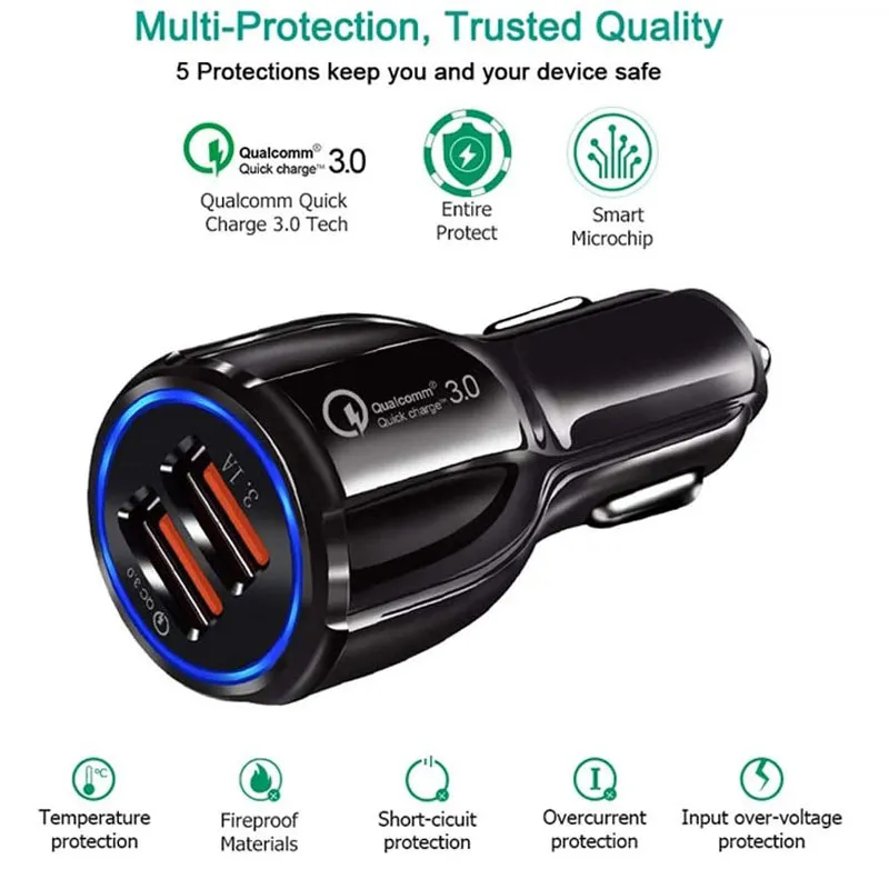 QC3.0 CE FCC ROHS Certified Qualcomm Quick Charger Dual 2 USB Port Fast Car Charge for iPhone iPad Samsung LG Motorola Huawei