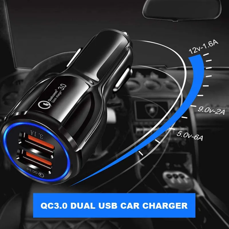 QC3.0 CE FCC ROHS Certified Qualcomm Quick Charger Dual 2 USB Port Fast Car Charge for iPhone iPad Samsung LG Motorola Huawei