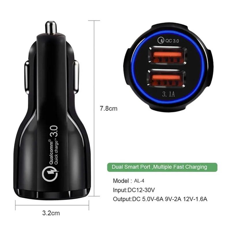 QC3.0 CE FCC ROHS Certified Qualcomm Quick Charger Dual 2 USB Port Fast Car Charge for iPhone iPad Samsung LG Motorola Huawei