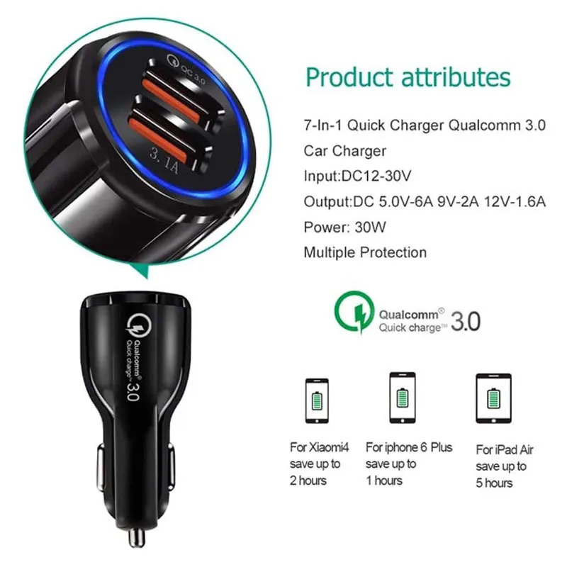 QC3.0 CE FCC ROHS Certified Qualcomm Quick Charger Dual 2 USB Port Fast Car Charge for iPhone iPad Samsung LG Motorola Huawei