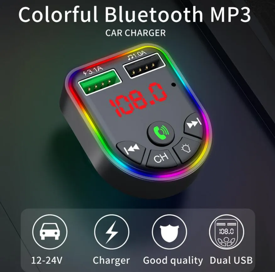 F7 F8 Car Bluetooth 5.0 FM Transmitter 7-color Atmosphere Lightr Kit MP3 Modulator Wireless Handsfree Audio Receiver RGB color with box