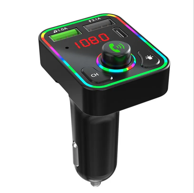 F7 F8 Car Bluetooth 5.0 FM Transmitter 7-color Atmosphere Lightr Kit MP3 Modulator Wireless Handsfree Audio Receiver RGB color with box