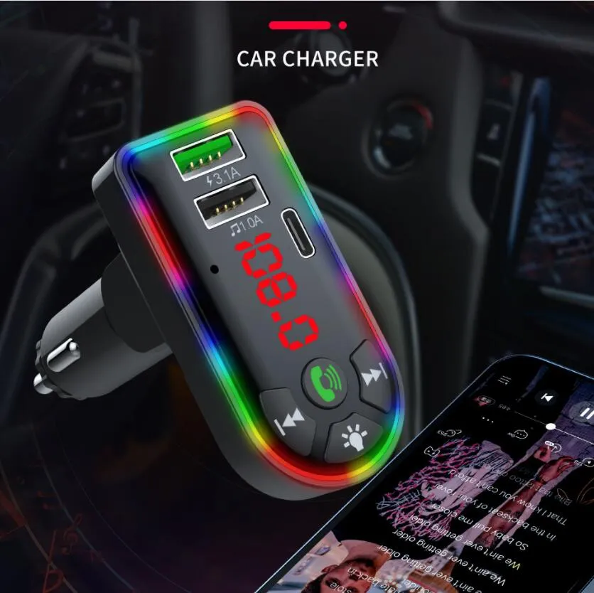 F7 F8 Car Bluetooth 5.0 FM Transmitter 7-color Atmosphere Lightr Kit MP3 Modulator Wireless Handsfree Audio Receiver RGB color with box