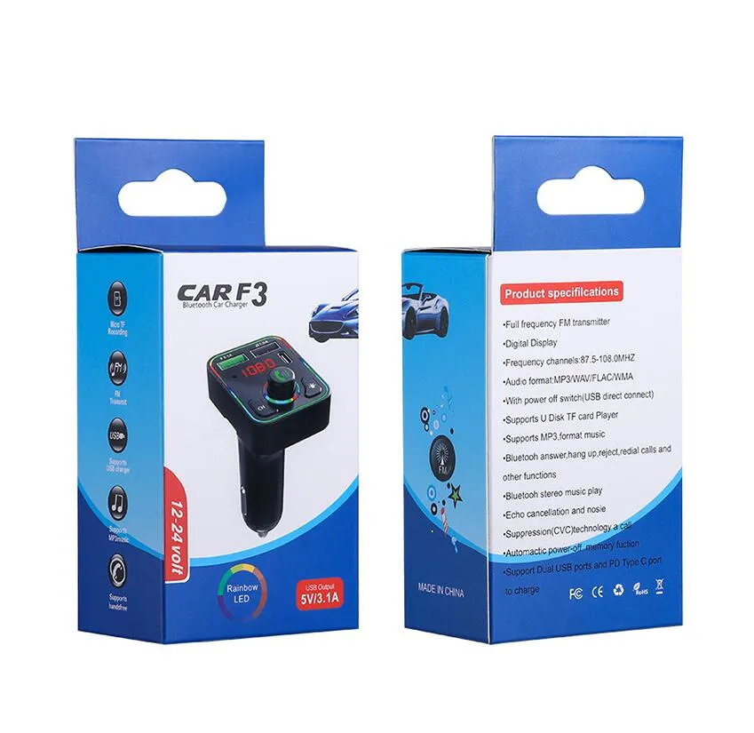 F7 F8 Car Bluetooth 5.0 FM Transmitter 7-color Atmosphere Lightr Kit MP3 Modulator Wireless Handsfree Audio Receiver RGB color with box