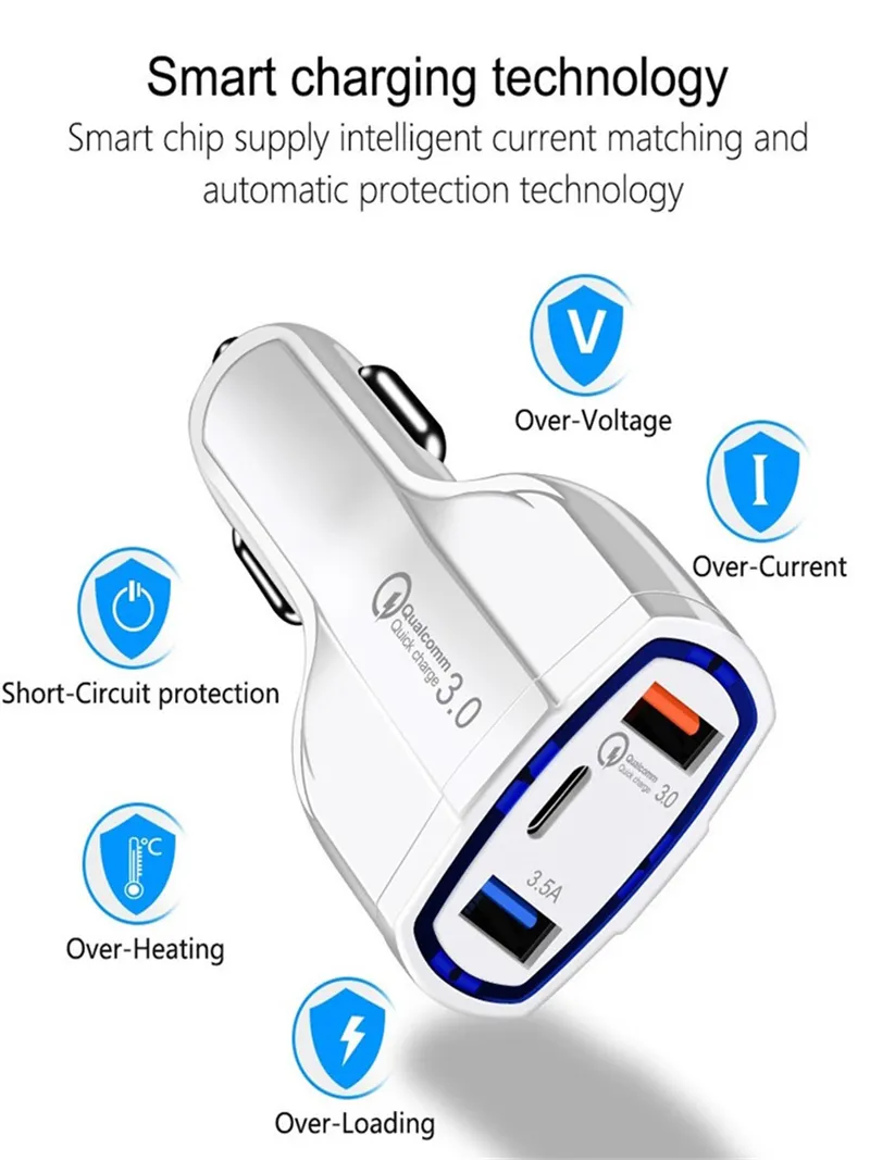 3 in 1 Type C Dual USB Car Charger 5A PD Quick Charge QC 3.0 Fast Charger Phone Charging Adapter for xiaomi iphone android phone