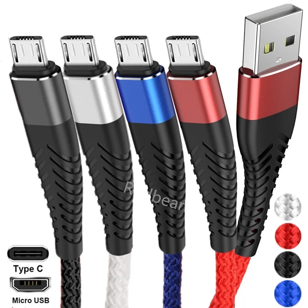 3A Quick Charger Type c Micro USb Cables 1m 2m 3m Braided Nylon Alloy Cable For Samsung S10 S20 S21 htc Huawei Android phone pc