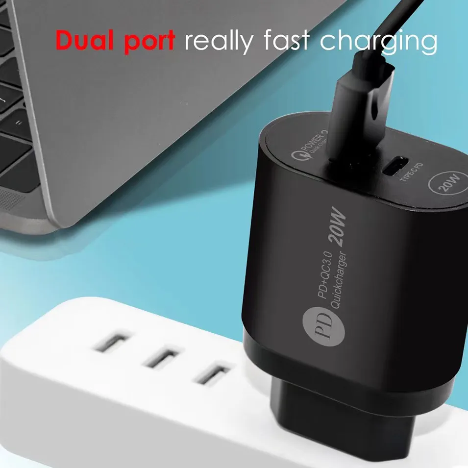 20W PD Fast Charger Adapter QC3.0 USB-C Travel Wall Charger Dual USB Power Plug for Samsung S21 Ultra S20 Huawei Android phone