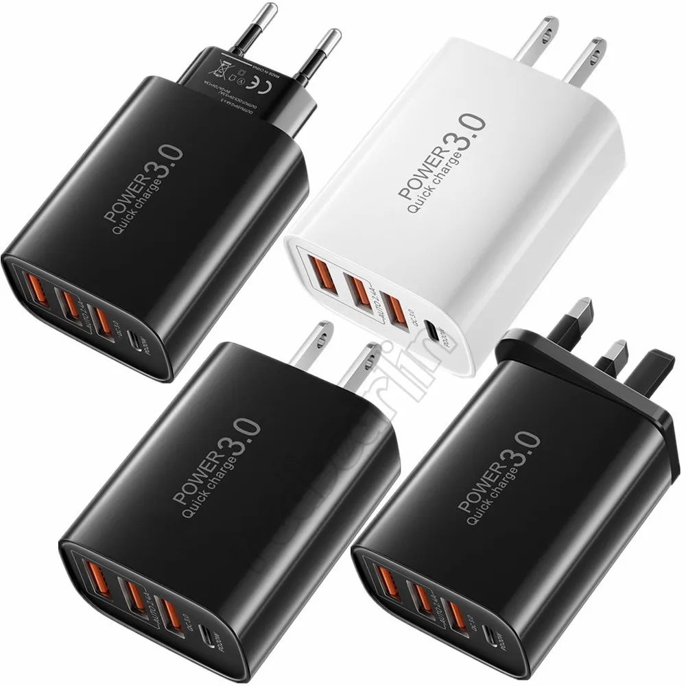 Fast Quick Charge Eu US Uk 4Ports Type C USB-C PD QC3.0 Wall Charger Ac Home Travel Power Adapter For IPhone 12 13 14 Samsung Htc Android phone pc