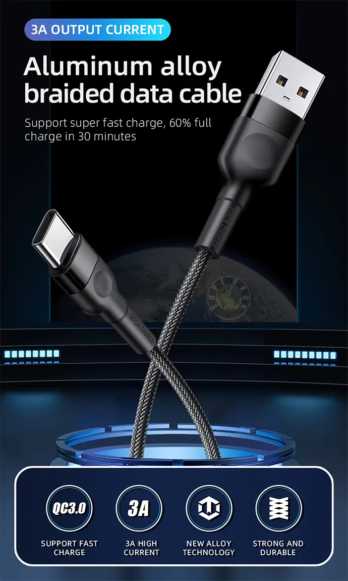 3A Type C Micro USB Braided Alloy Cables Durable High Speed DATA Charging For Android Mobile Phone 1m 2m 3m