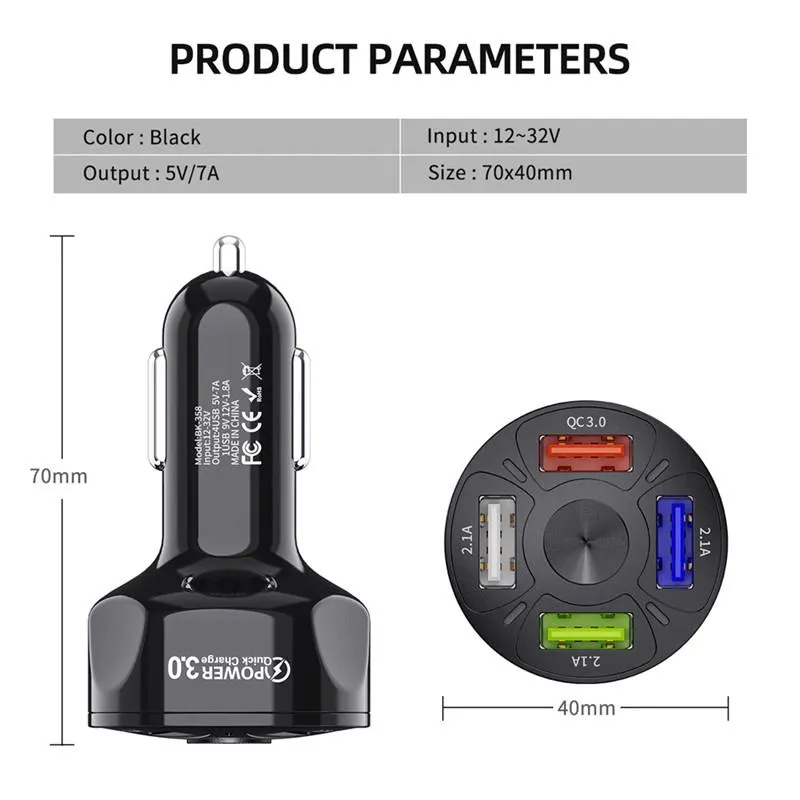 4 Ports USB Car Charger 48W Quick 7A Mini Fast Charging For iPhone 13 Xiaomi Huawei Mobile Phone Charge Adapter in Car