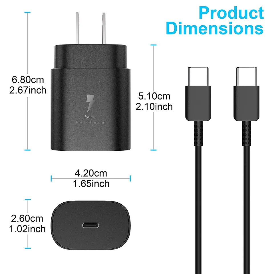 25W Type-C USB-C PD Wall  Super Fast Charging Adapter with Type C Cable for Samsung Galaxy S21 S20 Note 20 Note 10 Android Smartphones