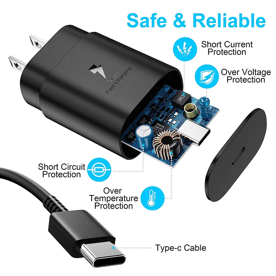 25W Type-C USB-C PD Wall  Super Fast Charging Adapter with Type C Cable for Samsung Galaxy S21 S20 Note 20 Note 10 Android Smartphones