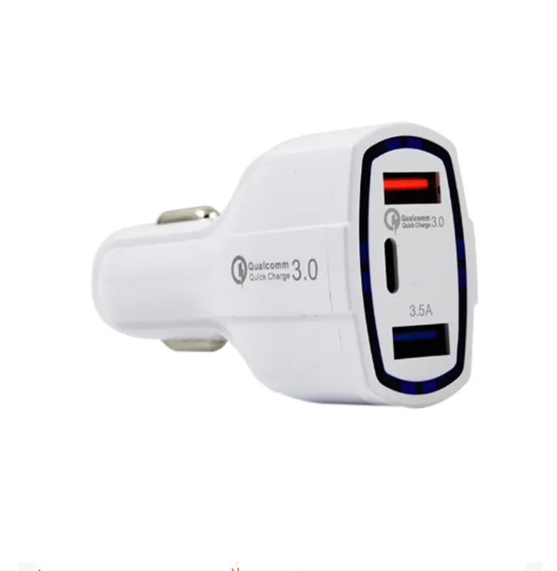 3-Port Car Charger 3.5A USB QC3.0 Type-C Fast Charging for iPhone Xiaomi Samsung Mini Quick Chargers Vehicle Adapter without Package