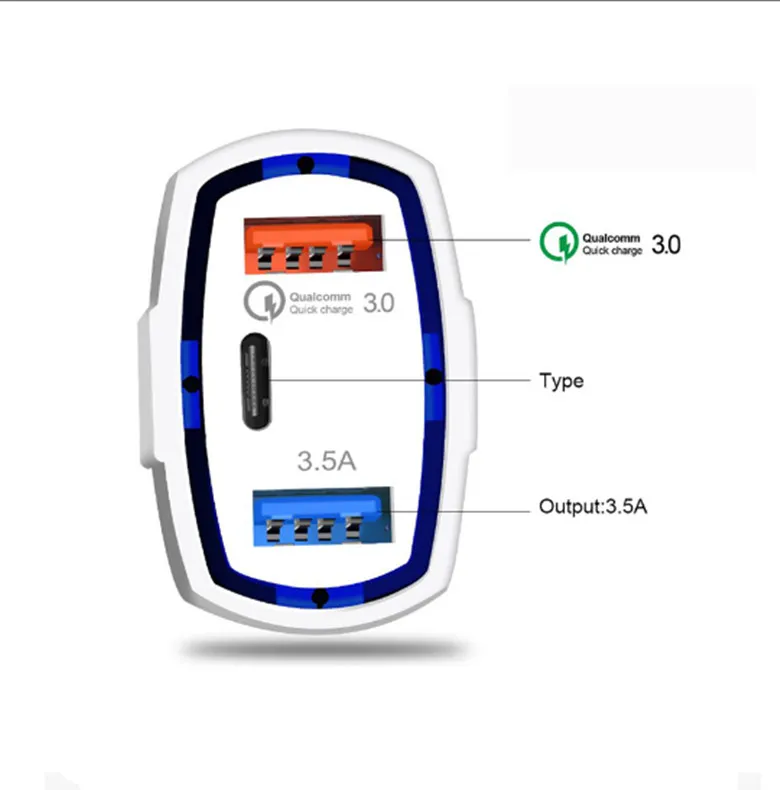 3-Port Car Charger 3.5A USB QC3.0 Type-C Fast Charging for iPhone Xiaomi Samsung Mini Quick Chargers Vehicle Adapter without Package