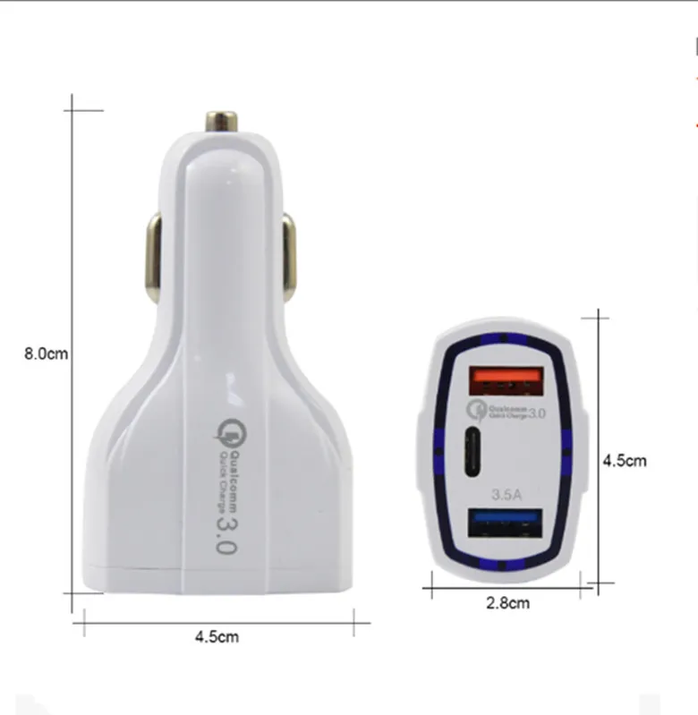 3-Port Car Charger 3.5A USB QC3.0 Type-C Fast Charging for iPhone Xiaomi Samsung Mini Quick Chargers Vehicle Adapter without Package