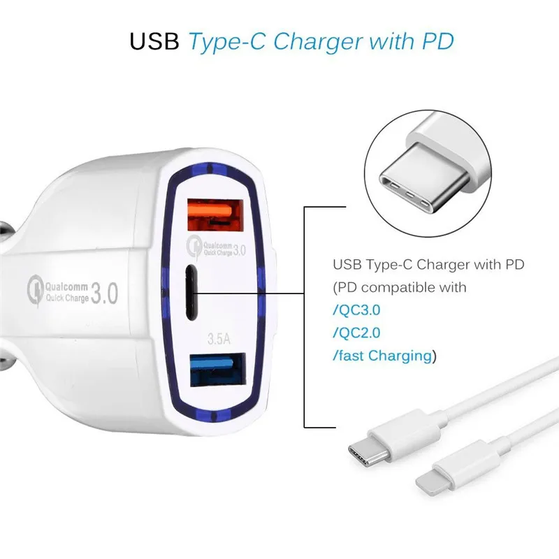 3 Ports 35W USB Car Charger For iPhone 11Pro GPS QC3.0 Type C Fast Charging Adapter For Xiaomi Huawei Samsung Phone Tablet