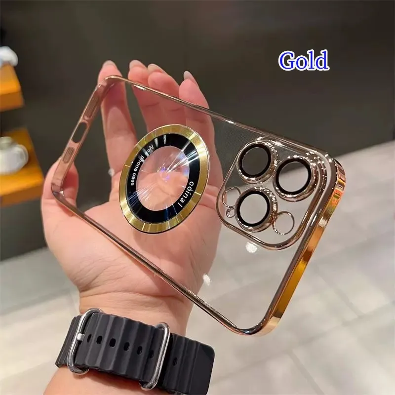 Hot-selling PC Glossy Electroplated Magnetic Shockproof Phone Case for iPhone 15 14 13 12 11 Pro Max with OPP bag