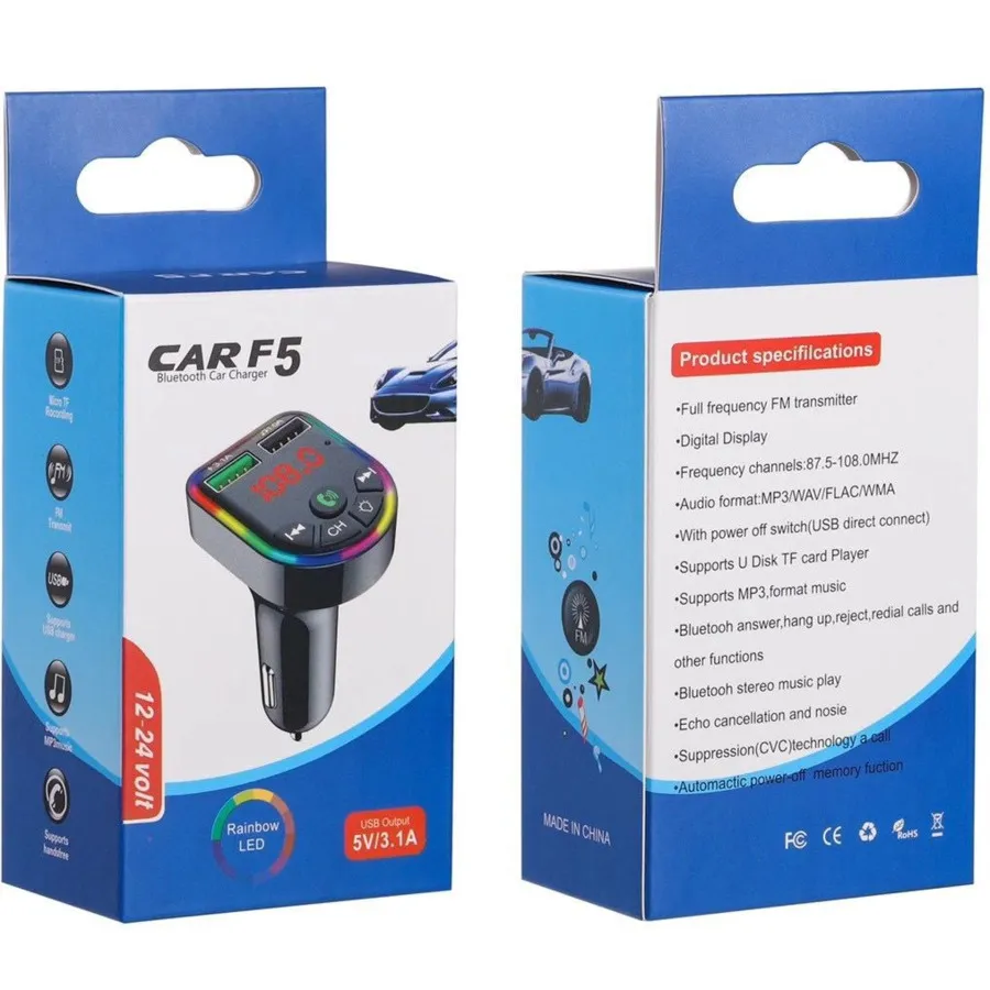 F5 F6 RGB Ambient Light Car MP3 Player Bluetooth 5.0 FM Transmitter Wireless Handsfree Car Kit with Dual 3.1A Charger