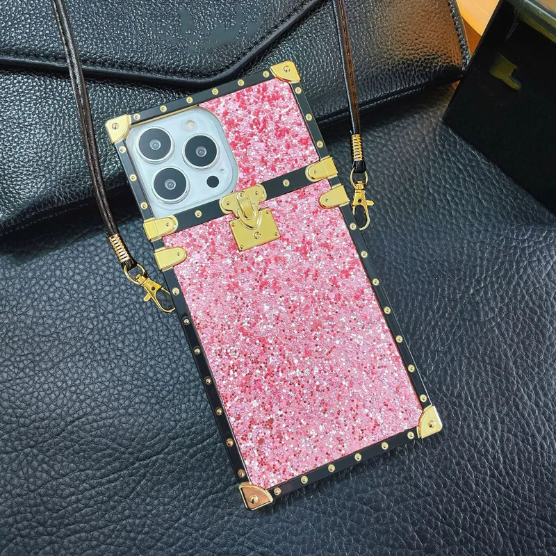 Square Box Bling Glitter Girly Soft TPU Trunk Cases Lanyard Cord Neck Strap For iPhone 15 14 13 12 11 Pro XR XS Max X 8 7 Plus Samsung S24 S23 Ultra S22 Plus S21 S20