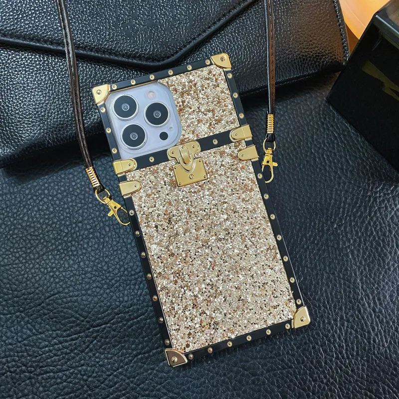 Square Box Bling Glitter Girly Soft TPU Trunk Cases Lanyard Cord Neck Strap For iPhone 15 14 13 12 11 Pro XR XS Max X 8 7 Plus Samsung S24 S23 Ultra S22 Plus S21 S20