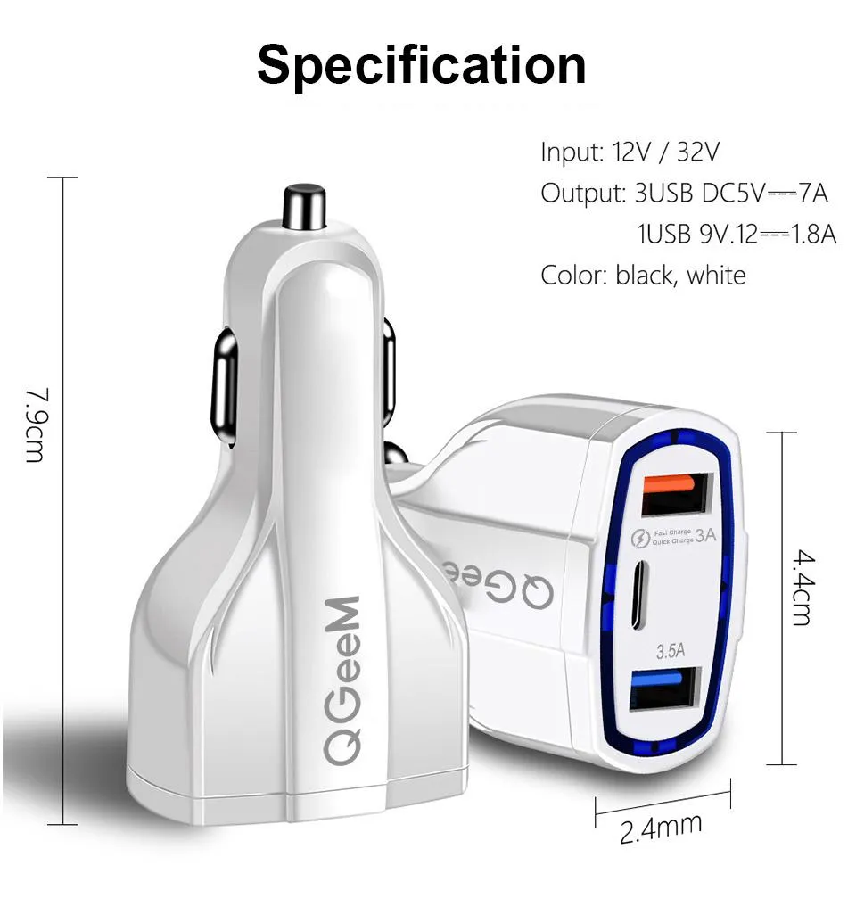 35W 7A 3 Ports Car Charger Type C And USB adapter QC 3.0 With Qualcomm Quick Charge 3.0 Technology For Mobile Phone GPS Power Bank Tablet