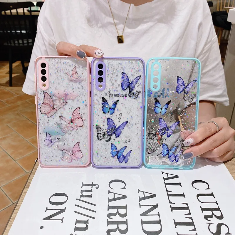 S24 Plus Fashion Butterfly Cases For Samsung A55 A15 A35 S23 FE S22 Ultra A54 A34 A23 A13 A73 A53 A22 A14 A12 4G 5G Bling Gitter Star Hard Acrylic TPU Hybrid Clear Cover