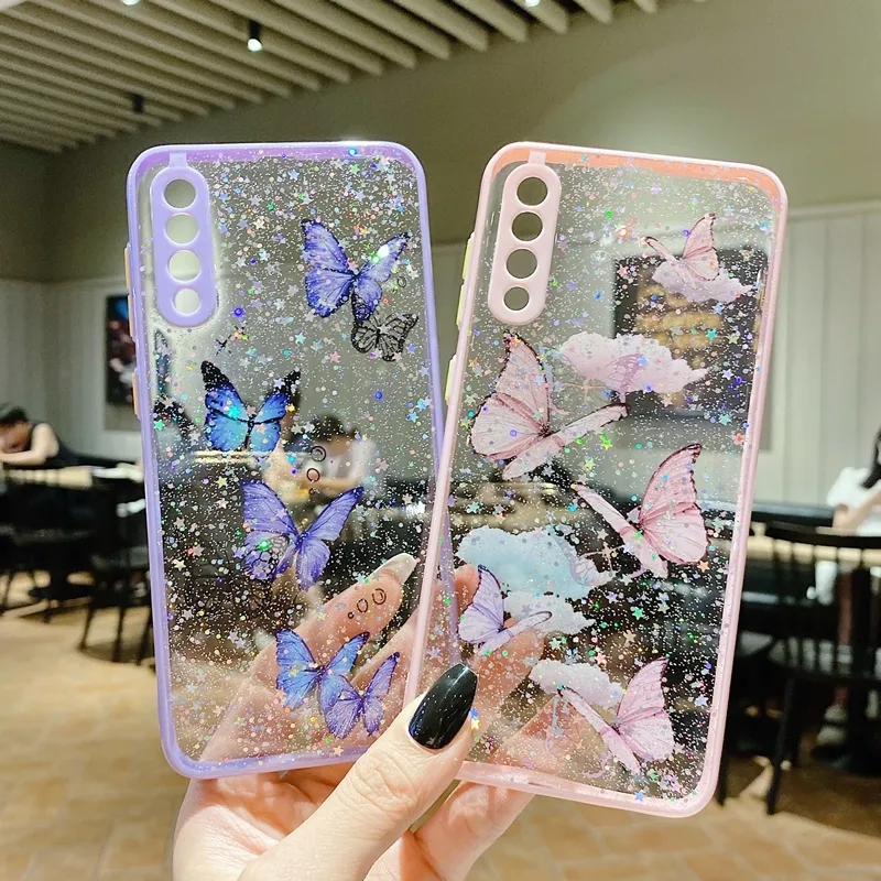 S24 Plus Fashion Butterfly Cases For Samsung A55 A15 A35 S23 FE S22 Ultra A54 A34 A23 A13 A73 A53 A22 A14 A12 4G 5G Bling Gitter Star Hard Acrylic TPU Hybrid Clear Cover