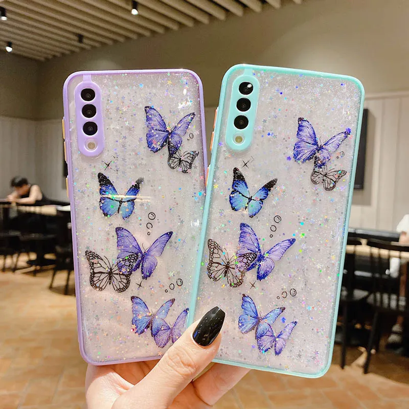 S24 Plus Fashion Butterfly Cases For Samsung A55 A15 A35 S23 FE S22 Ultra A54 A34 A23 A13 A73 A53 A22 A14 A12 4G 5G Bling Gitter Star Hard Acrylic TPU Hybrid Clear Cover