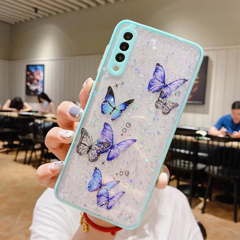 S24 Plus Fashion Butterfly Cases For Samsung A55 A15 A35 S23 FE S22 Ultra A54 A34 A23 A13 A73 A53 A22 A14 A12 4G 5G Bling Gitter Star Hard Acrylic TPU Hybrid Clear Cover