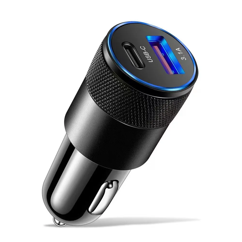 3.1A 15W Car Charger USB with PD Aluminum Alloy Cigarette Lighter Adapter Fast Charger Auto Replacement Chargers for iphone 12 13 14 Samsung S22