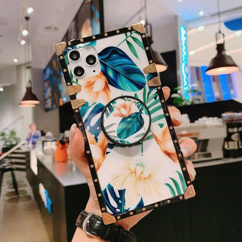 Flowers and grass marble lips pattern square Phone Cases For iPhone 14Pro 13 12 prevention shells