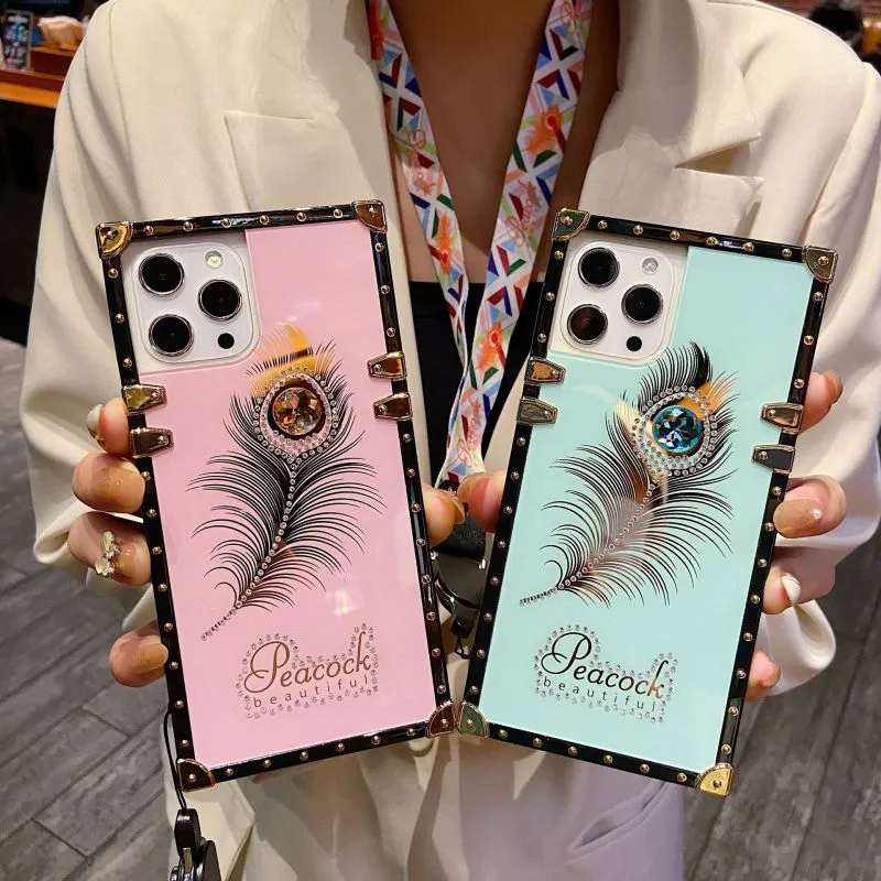 Feather crystal diamond gem square Phone Cases For iPhone 14 14Pro 13 12 11 prevention shells