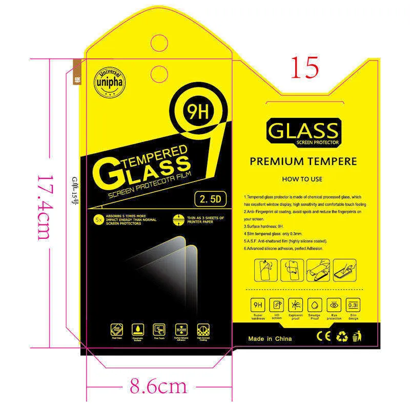 Phone 9H Tempered Glass Screen Protector Packages Paper Retail Box For iPhone 14 13 Samsung Sony Mobile Film Universal White Blue Yellow Black Empty Packaging Boxes