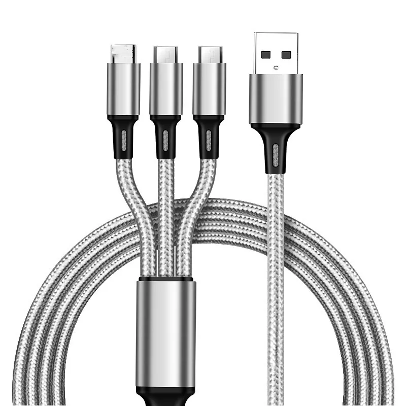 1 Meters 2m 3-in-1 Data Cable Copper Core Nylon Braided Anti-stretch Multi-port Android V8 Type C 2a Fast Charge Mobile Phone Charging Cable