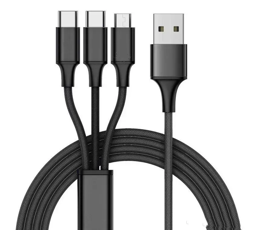 1 Meters 2m 3-in-1 Data Cable Copper Core Nylon Braided Anti-stretch Multi-port Android V8 Type C 2a Fast Charge Mobile Phone Charging Cable