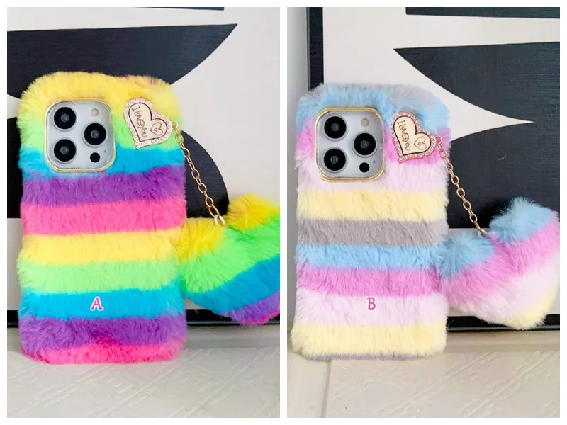 Love Heart Stripes Fluffy Fur Cases For Iphone 15 14 Pro Max 13 12 11 XR XS X 8 7 Plus Rainbow Soft TPU Animal Bling Diamond Genuine Rabbit Hair Cover Cute Fashion Strap