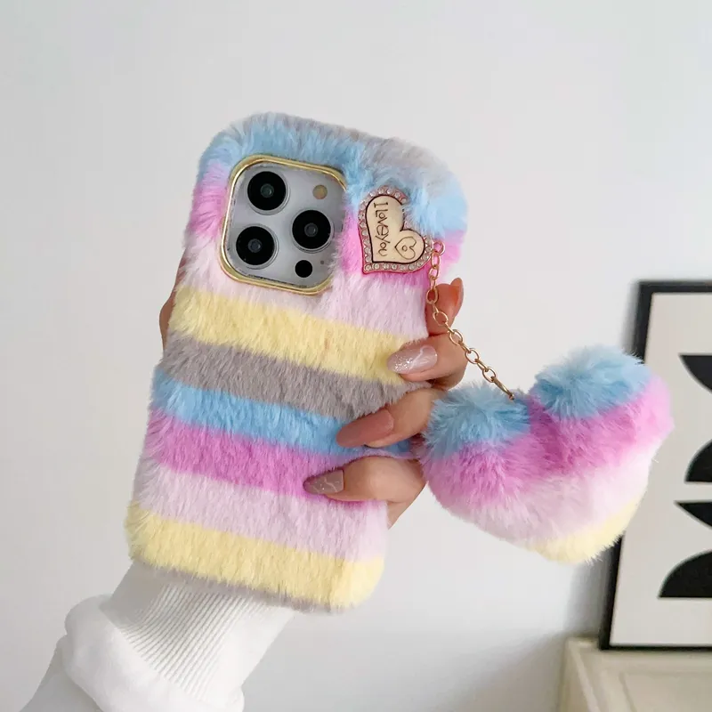 Love Heart Stripes Fluffy Fur Cases For Iphone 15 14 Pro Max 13 12 11 XR XS X 8 7 Plus Rainbow Soft TPU Animal Bling Diamond Genuine Rabbit Hair Cover Cute Fashion Strap